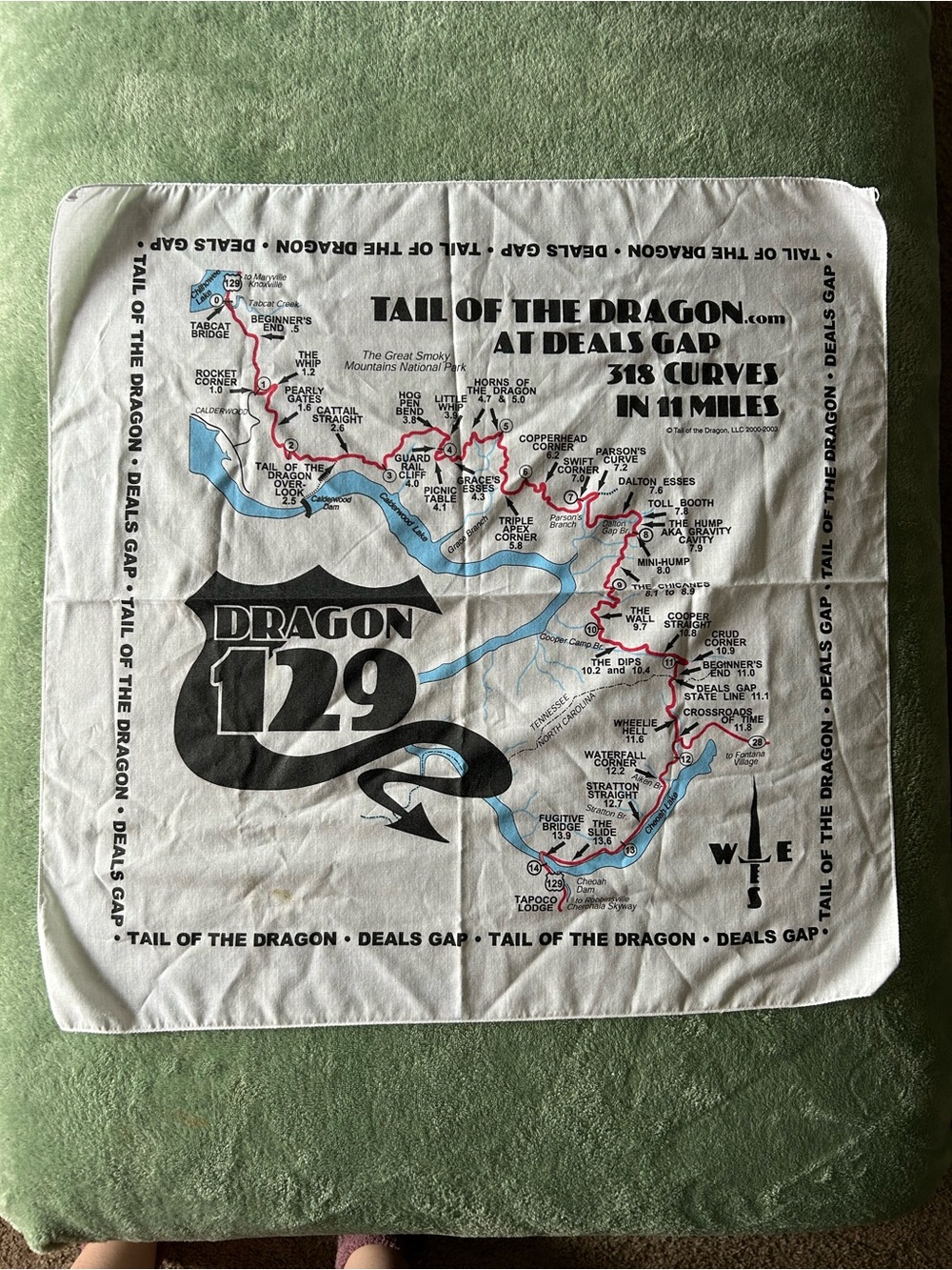 Tail of the Dragon 129 Deals Gap 2000-2003 Handkerchief Bandana Map Motorcycle B